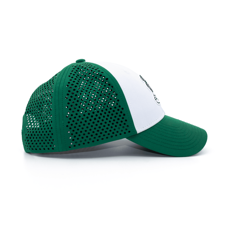 Right Side view of a green and white Michigan State hat with Gruff Sparty embroidered on the front. 
