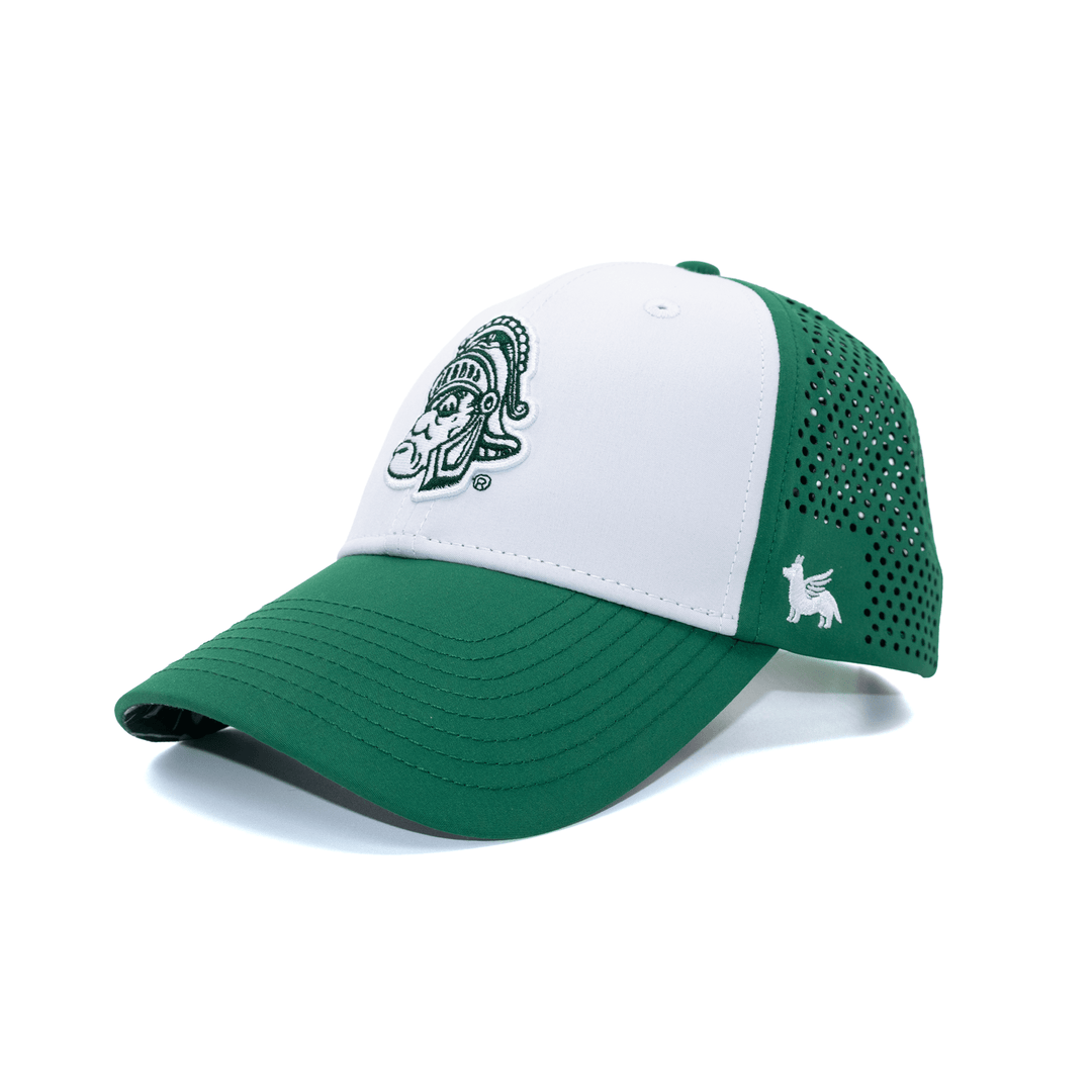 White and Green Michigan State hat with embroidered Gruff Sparty logo on the front. 