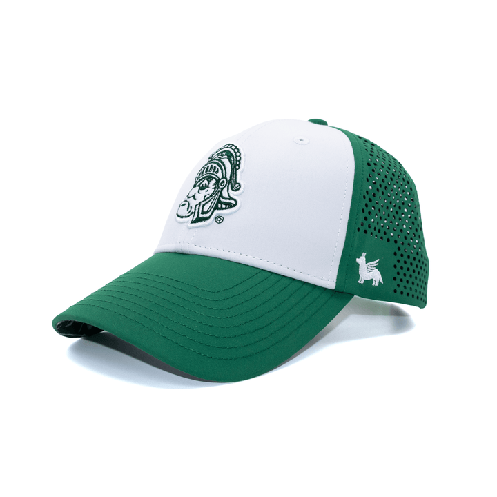White and Green Michigan State hat with embroidered Gruff Sparty logo on the front. 