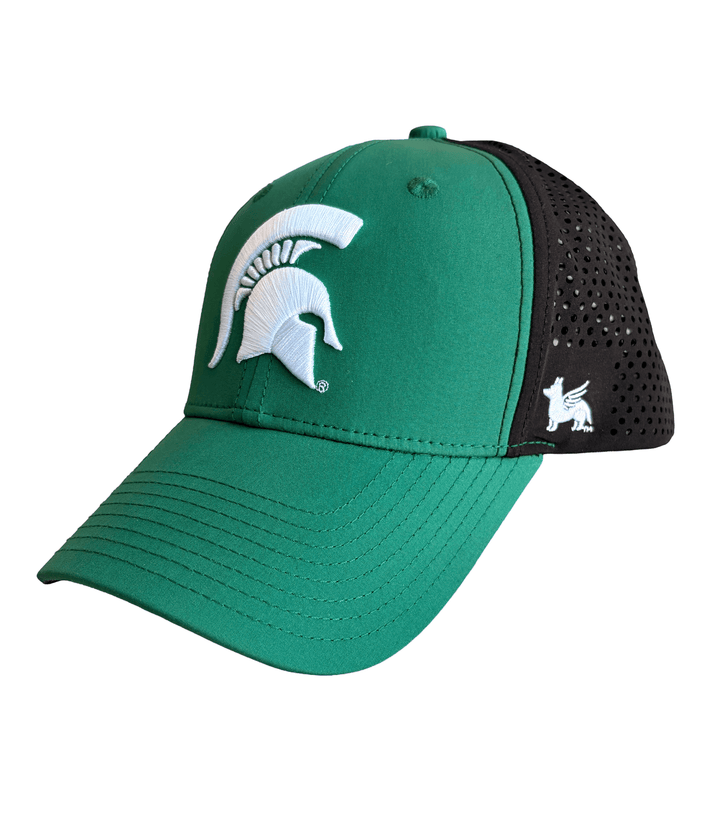 Angled view of green Michigan State hat with raised white embroidered Spartan helmet on the front, perforated black mesh side panels, and Nudge Printing griffin logo on the side.