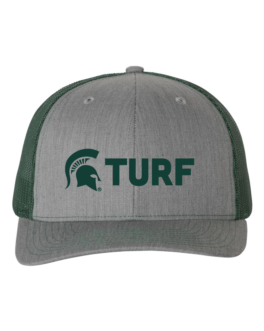 Front view of grey and green Michigan State truf hat