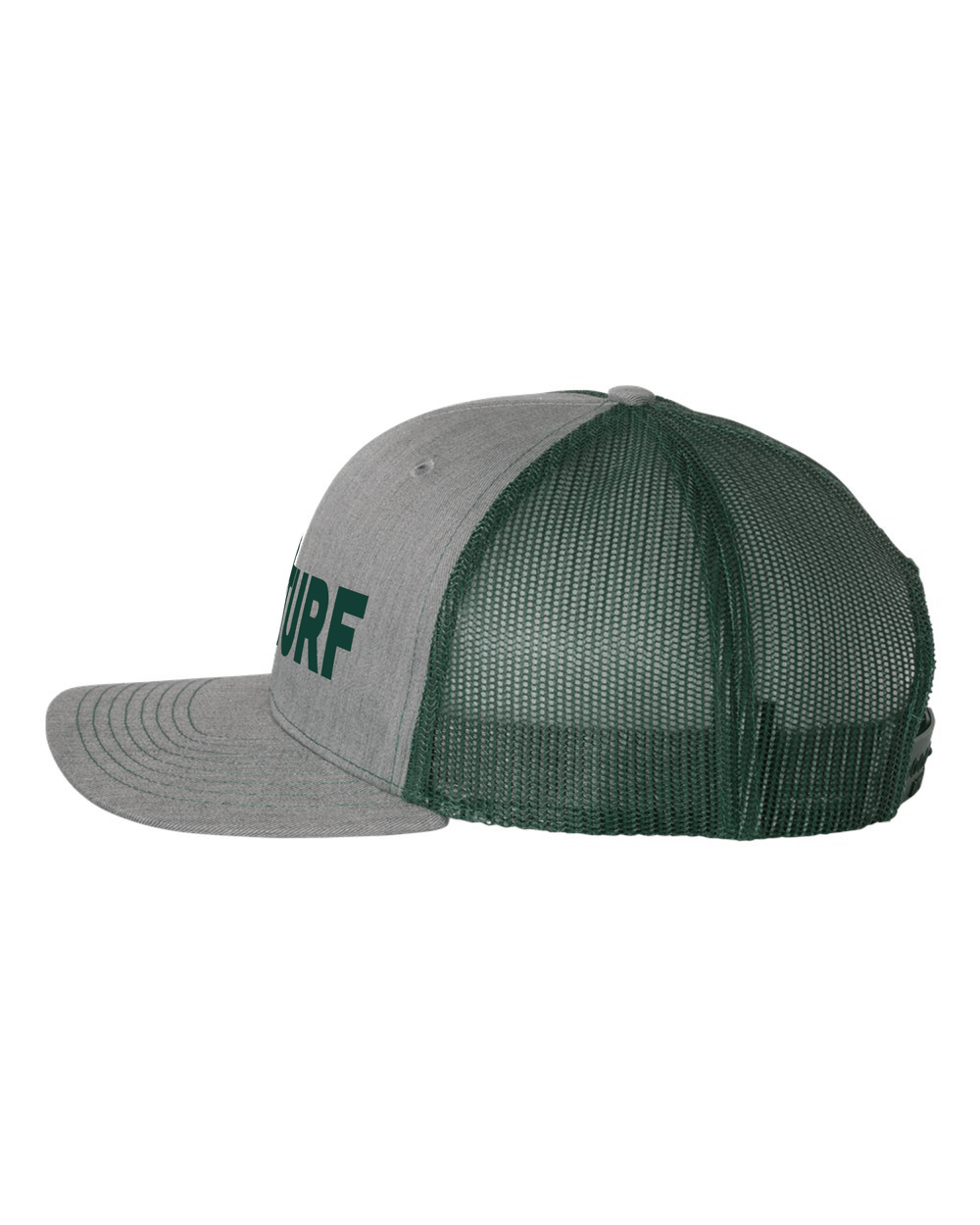 Side profile of grey and green Michigan State turf hat