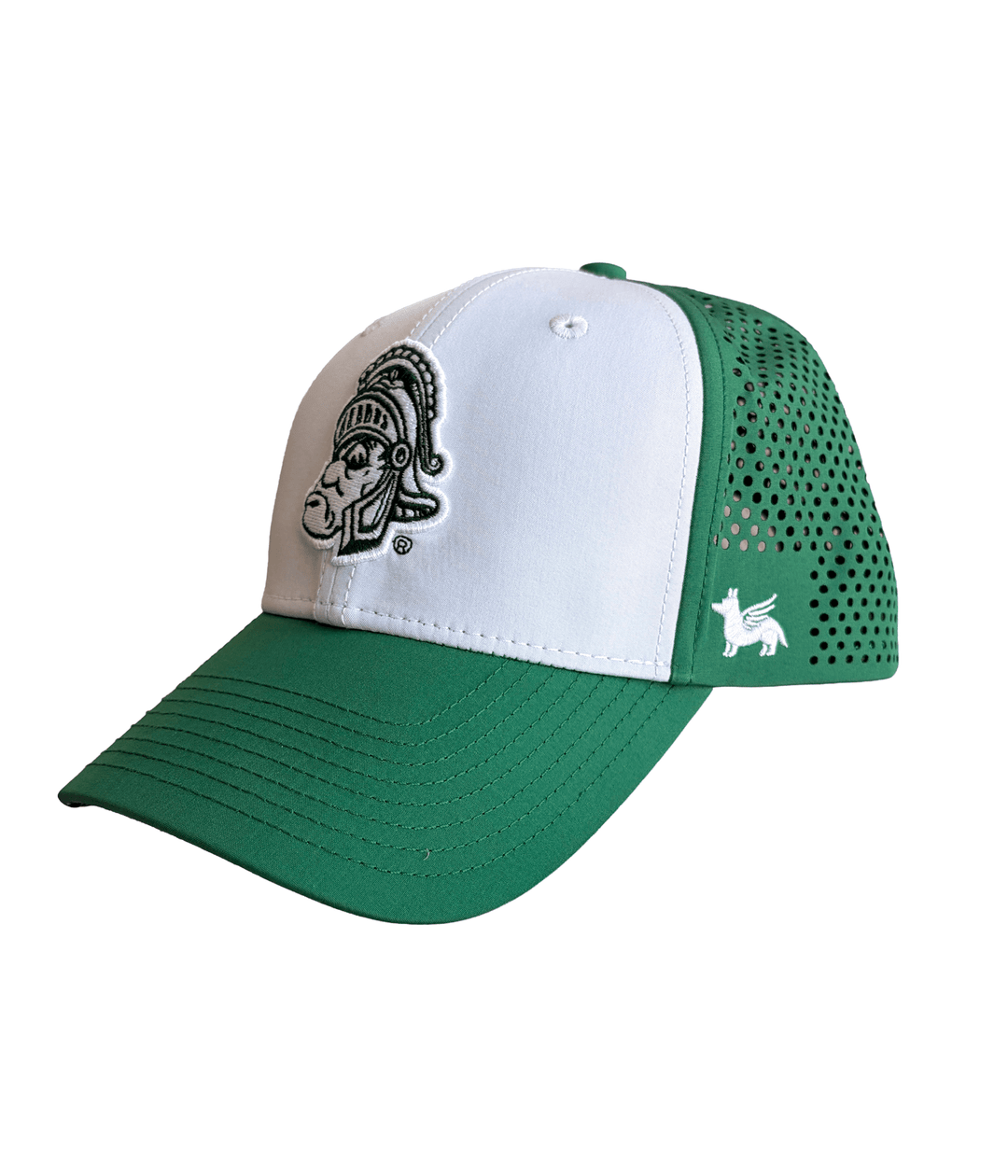 Angled view of green and white Michigan State hat featuring an embroidered vintage Gruff Sparty logo on the white front panel, green visor, and perforated ventilation holes on the side.