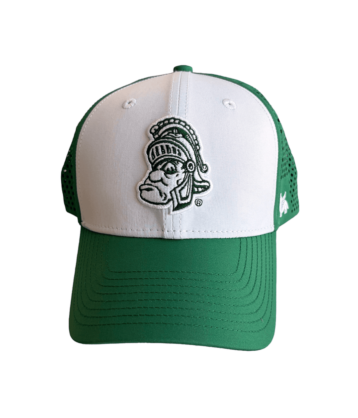 Front view of green and white Michigan State hat with embroidered vintage Gruff Sparty logo on the white front panel and green visor.