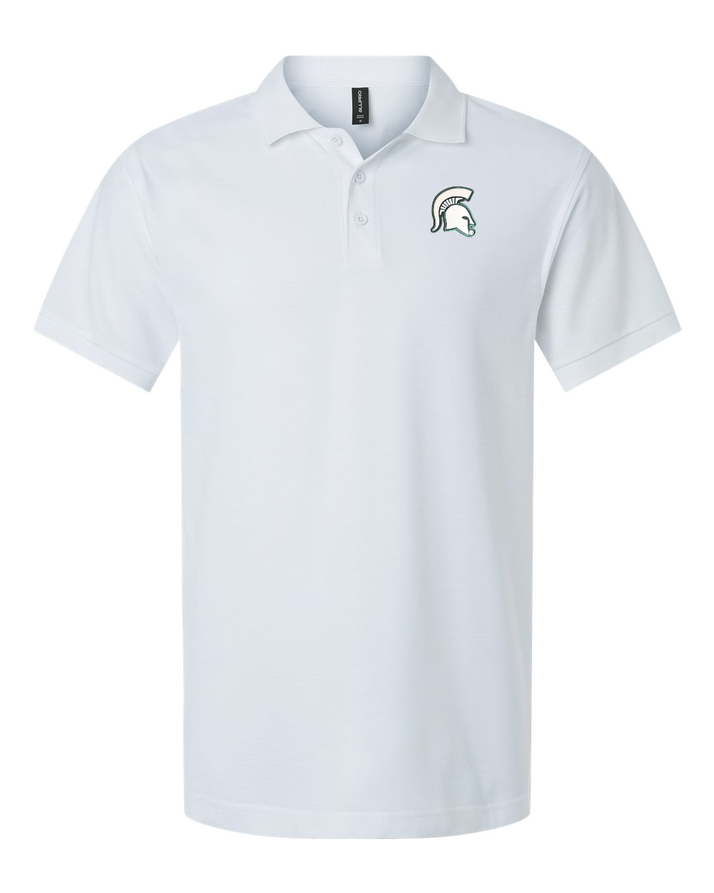White Michigan State polo with a white and green Spartan Helmet logo on the left chest. 