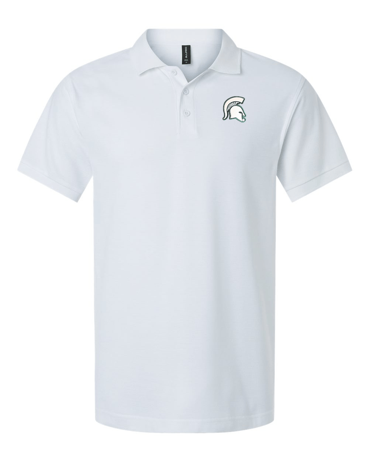 White Michigan State polo with a white and green Spartan Helmet logo on the left chest. 