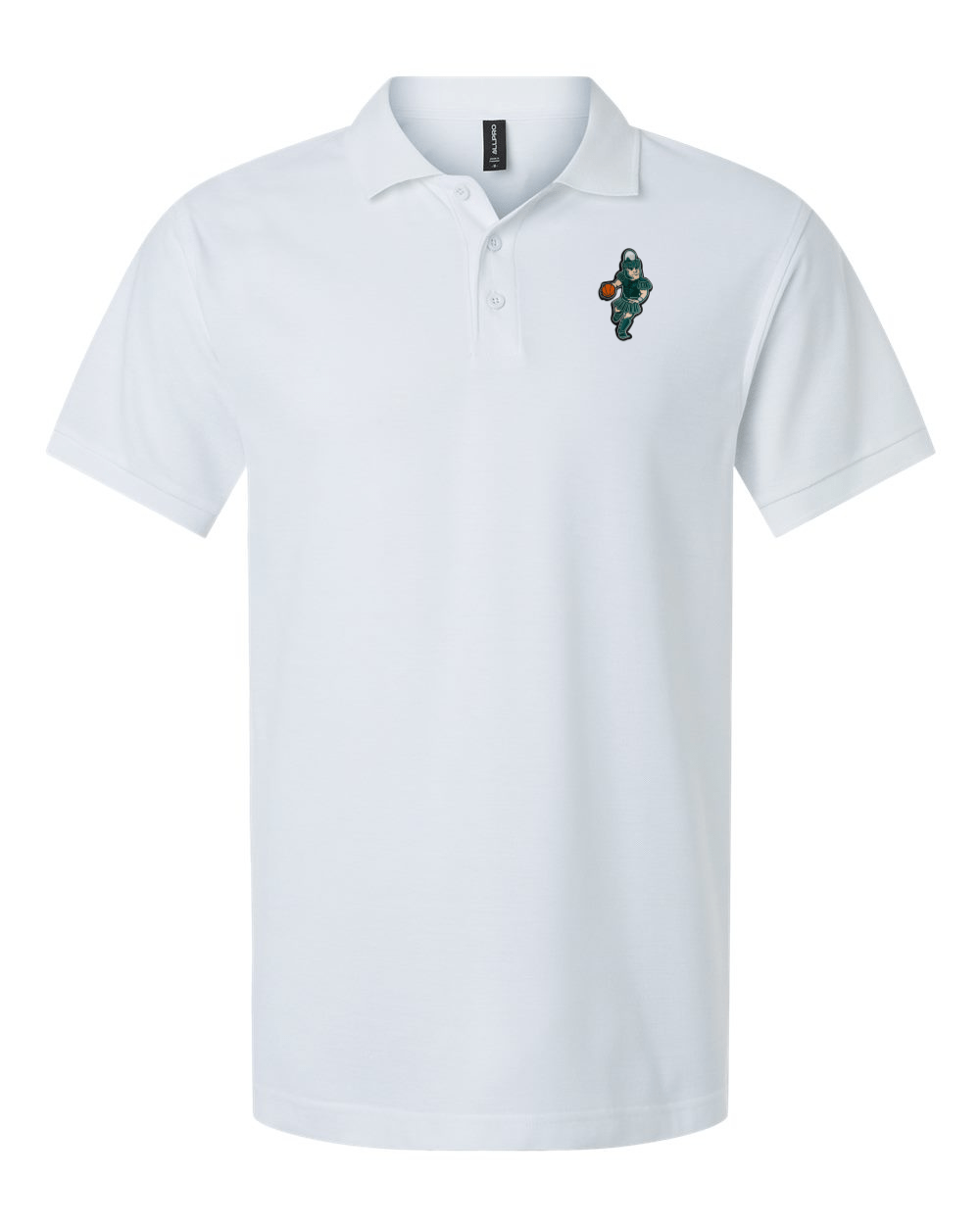 White Michigan State polo with Basketball Sparty on the left chest.
