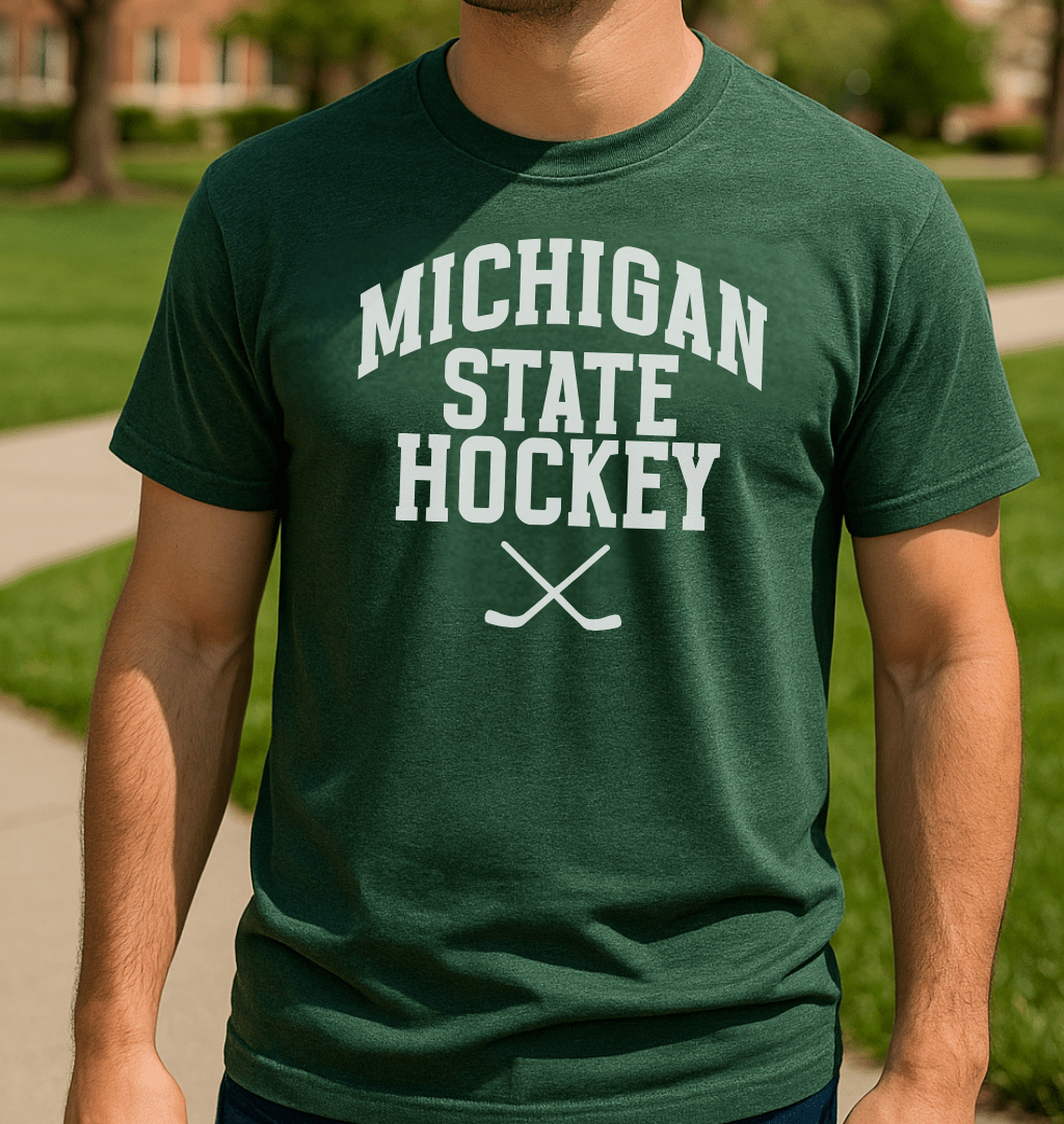 MSU Spartans Hockey Sticks Heather forest green t-shirt on male model on campus