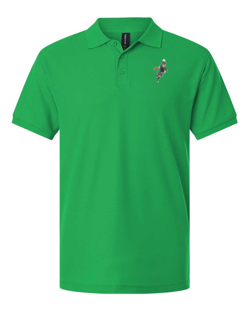 Kelly green Michigan State polo with Basketball Sparty logo on the left chest.