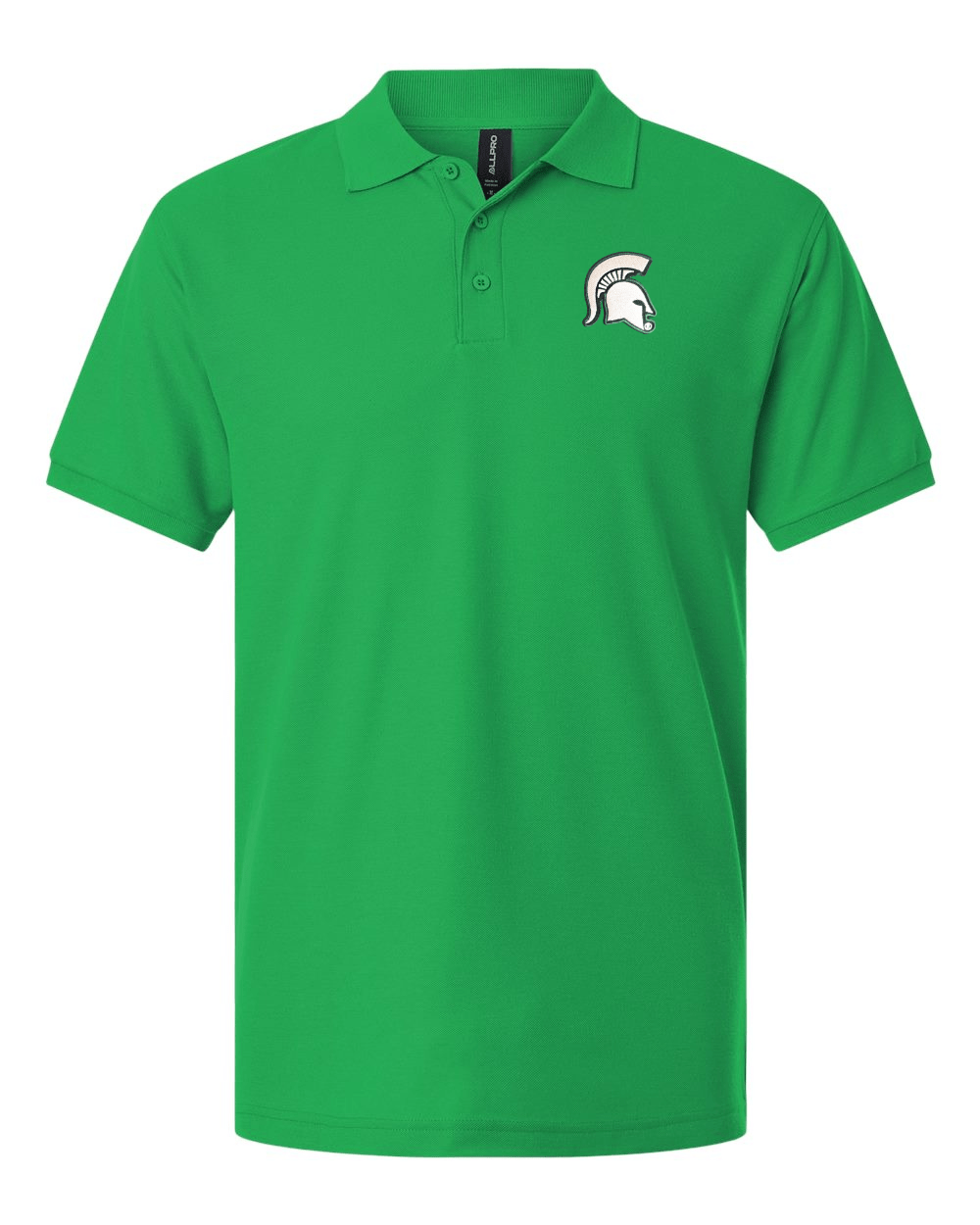 Kelly green Michigan State polo with Spartan Helmet logo om the left chest. 