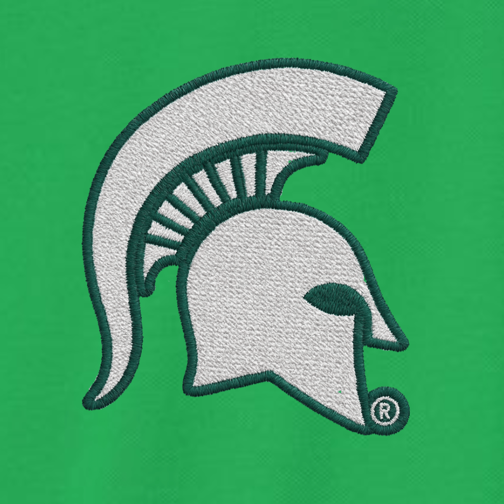 Embroidered Spartan logo on a green background
