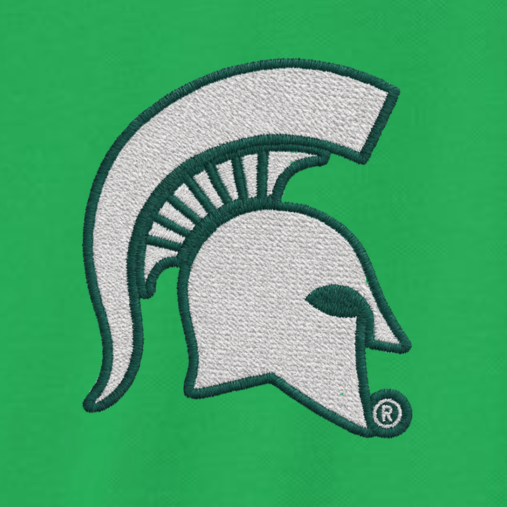 Embroidered Spartan logo on a green background