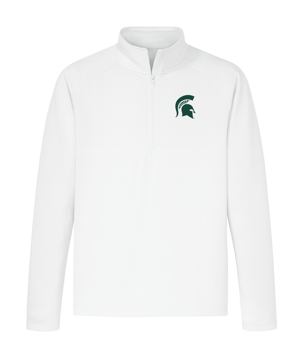 White long sleeve performance quarter zip for Michigan State University with a green Spartan Helmet printed on the left chest. 