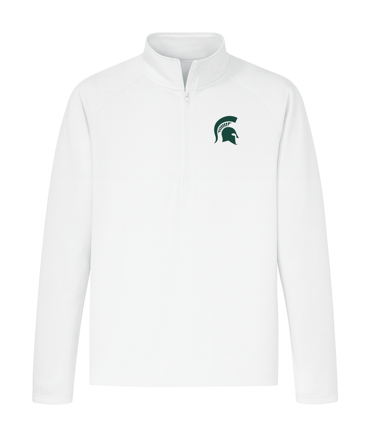 White long sleeve performance quarter zip for Michigan State University with a green Spartan Helmet printed on the left chest. 