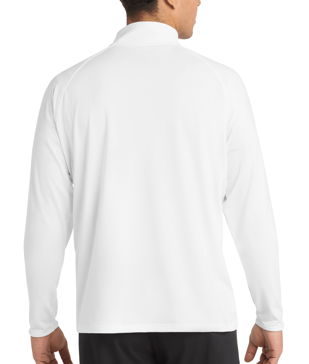 Back view of a white performance quarter zip from Nudge Printing. 