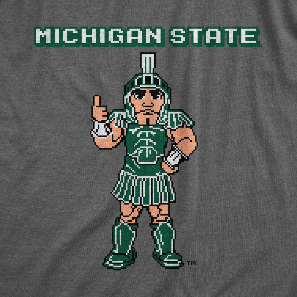 Close up of a grey Michigan State shirt with a retro video game Sparty design