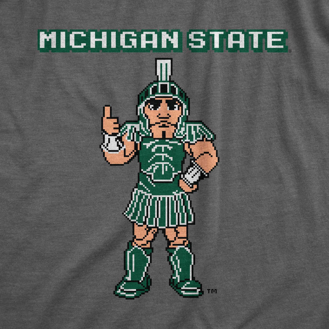Close up of a grey Michigan State shirt with a retro video game Sparty design