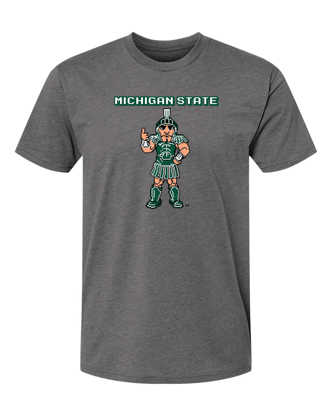 Grey Michigan State shirt with a pixelated Sparty Mascot printed on the chest.