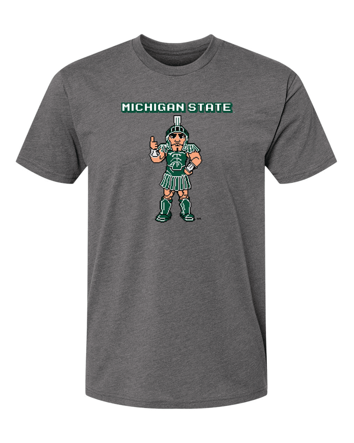 Grey Michigan State shirt with a pixelated Sparty Mascot printed on the chest.
