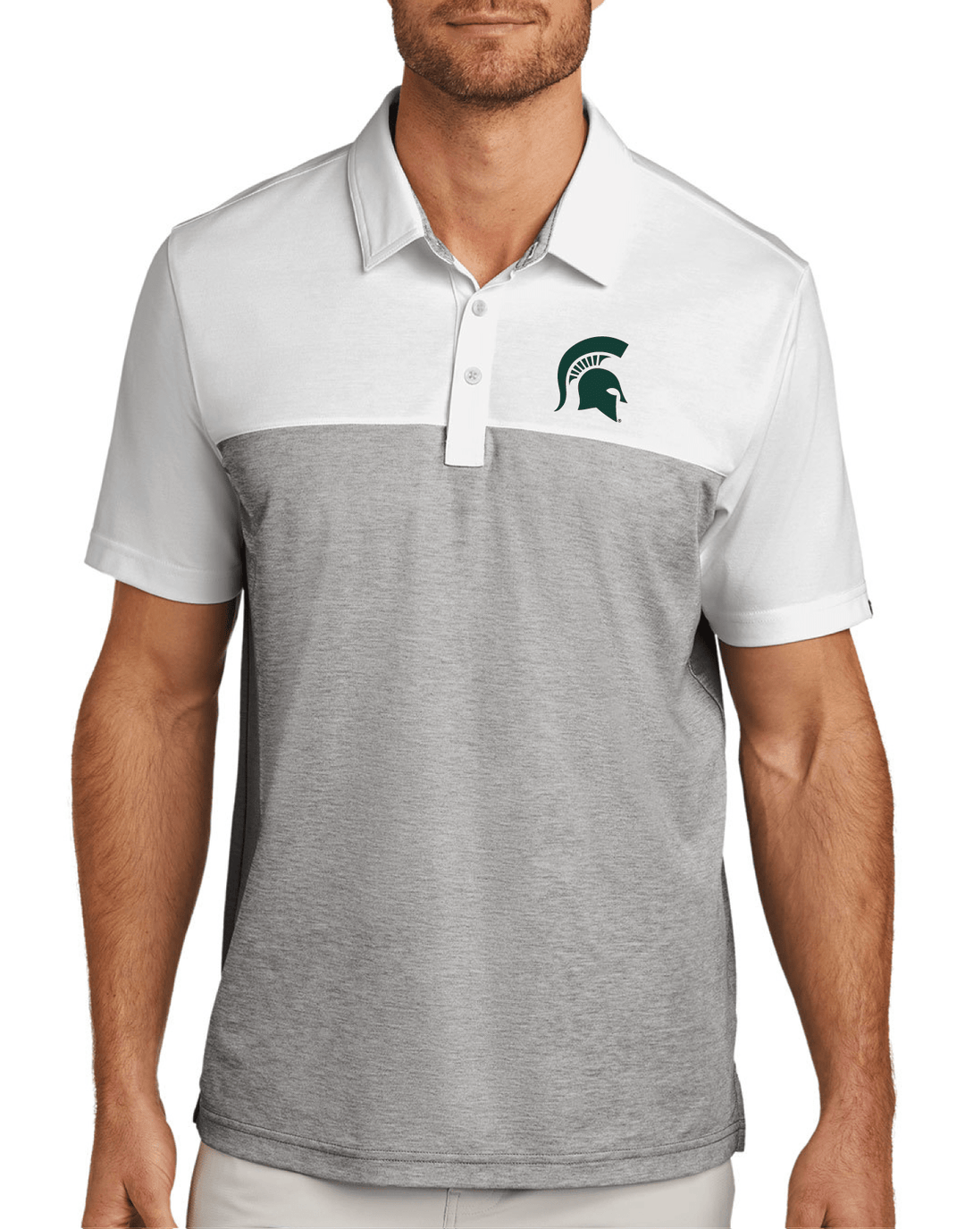 MSU TravisMathew Spartan Helmet Embroidered Grey and White Polo