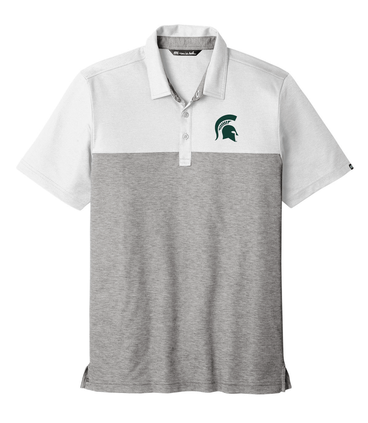 MSU TravisMathew Spartan Helmet Embroidered Grey and White Polo