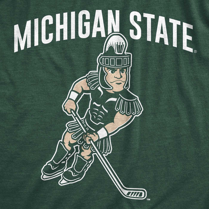 Close up of Michigan State Sparty playing hockey t-shirt from Nudge Printing