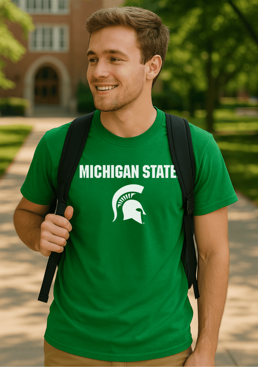 Kelly green MSU t-shirt featuring "Michigan State" and the iconic spartan helmet printed in white ink on college student on Campus in East Lansing