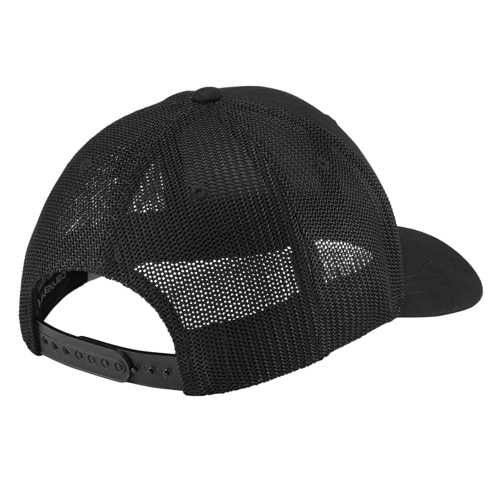 Back view of black Carhartt Michigan State trucker hat showing black mesh panels and adjustable plastic snapback closure.