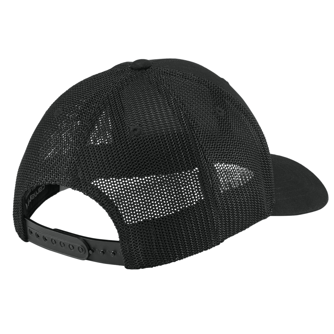 Back view of black Carhartt Michigan State trucker hat showing black mesh panels and adjustable plastic snapback closure.