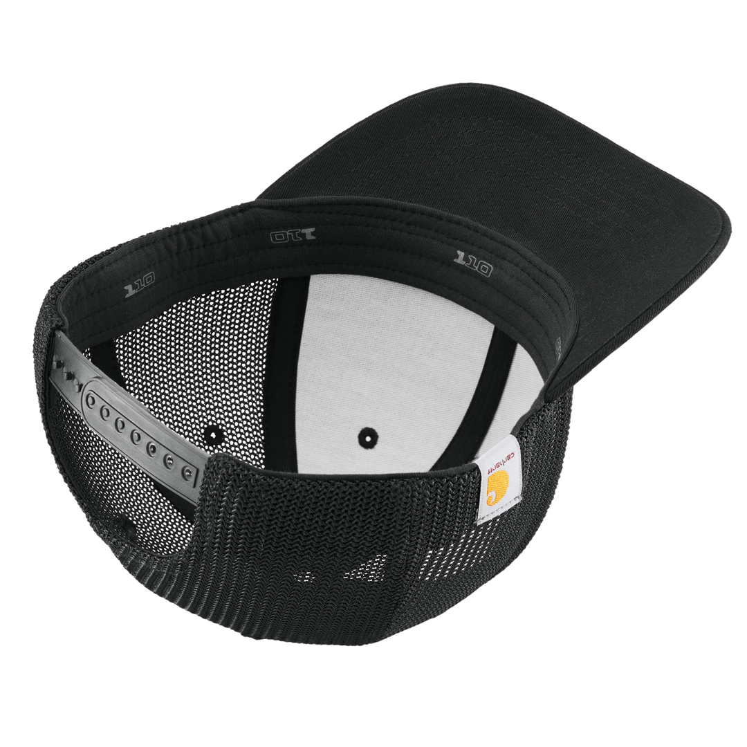 Inside view of black Carhartt Michigan State trucker hat showing the sweatband, plastic snapback closure, and Carhartt label.