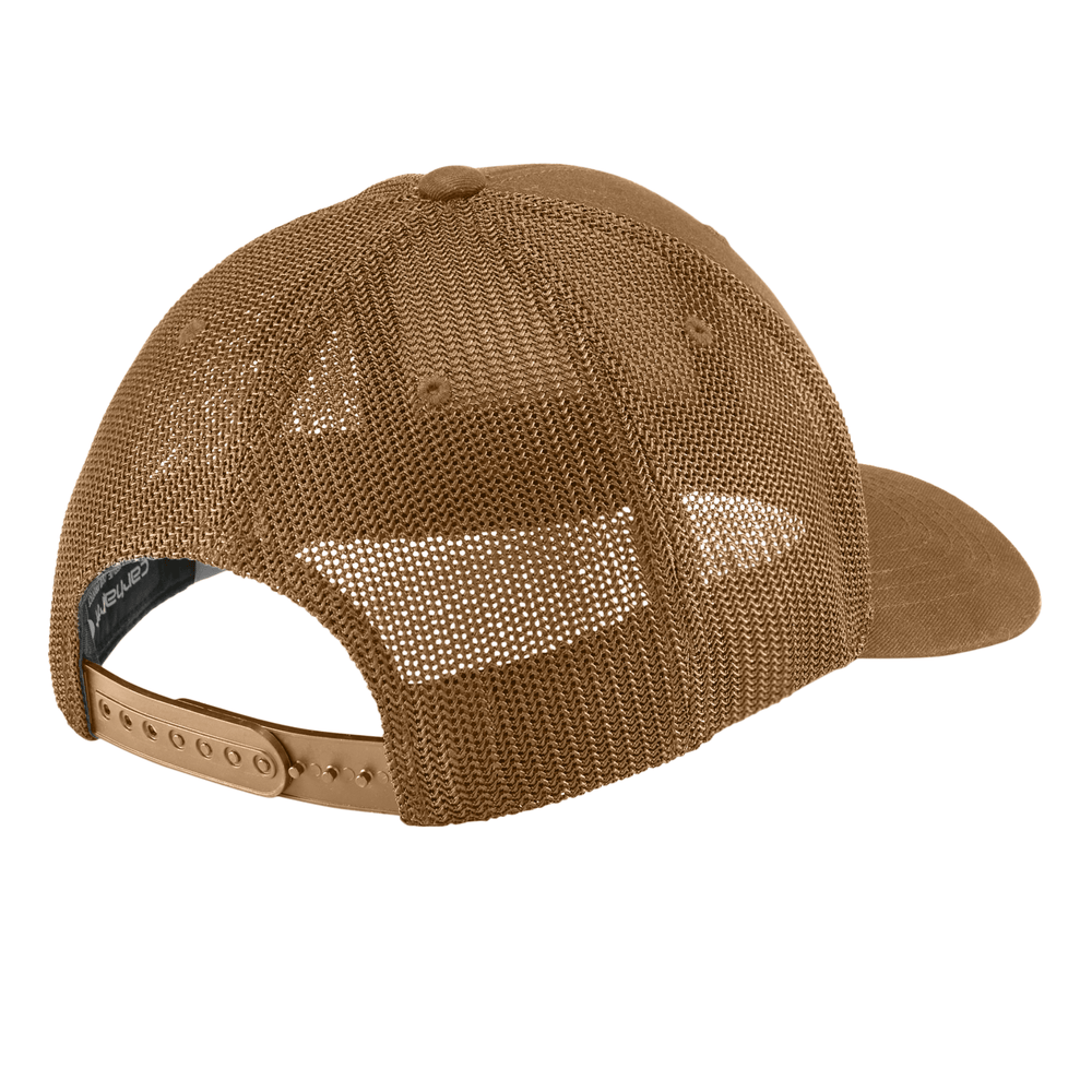 Back view of Carhartt brown Michigan State trucker hat showing matching brown mesh panels and adjustable plastic snapback closure.