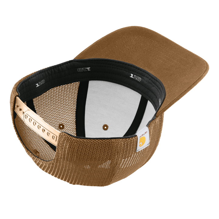 Inside view of Carhartt brown Michigan State trucker hat showing the sweatband, plastic snapback closure, and Carhartt label.