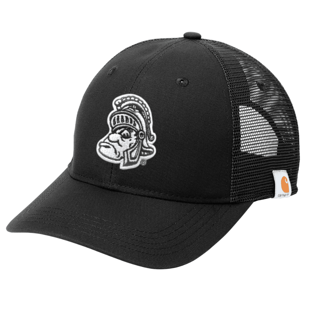Angled view of black Carhartt Michigan State trucker hat with black mesh back panels, embroidered Gruff Sparty patch on the front, and orange Carhartt brand label on the side.