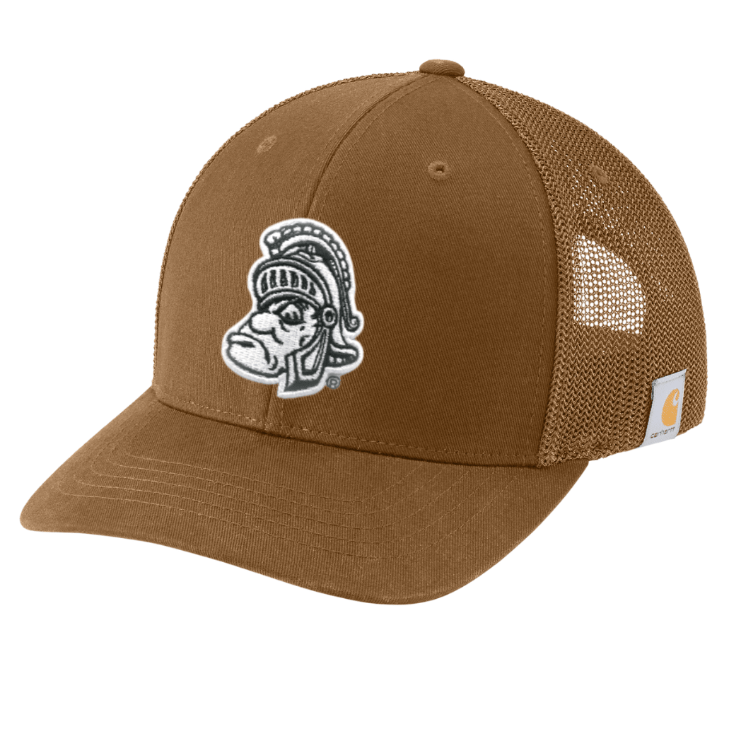 Angled view of Carhartt brown Michigan State trucker hat with brown mesh back panels, embroidered Gruff Sparty patch on the front, and Carhartt brand label on the side.
