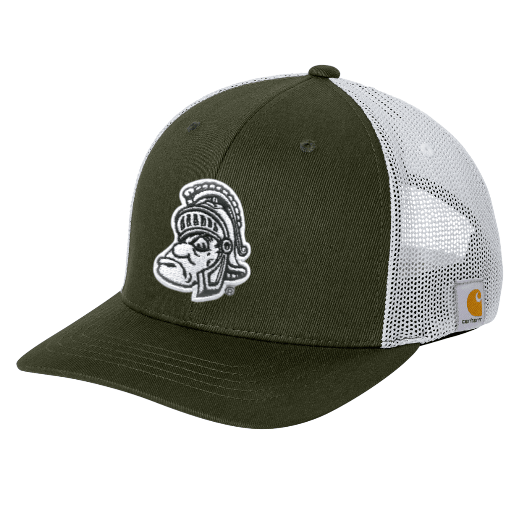 Angled view of moss green Carhartt Michigan State trucker hat with white mesh back panels, embroidered Gruff Sparty patch on the front, and Carhartt brand label on the side.