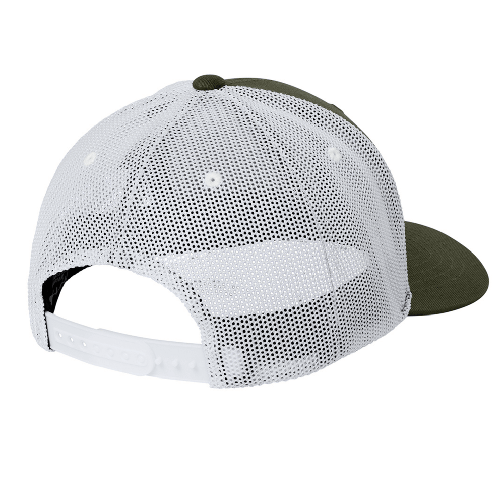 Back view of moss green Carhartt Michigan State trucker hat showing white mesh panels and adjustable plastic snapback closure.