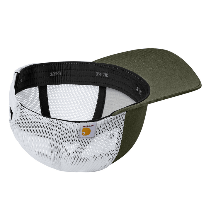 Inside view of moss green Carhartt Michigan State trucker hat showing the sweatband, plastic snapback closure, and Carhartt label.