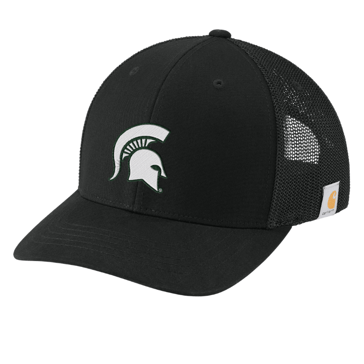 Angled view of black Carhartt Michigan State trucker hat with black mesh back panels, embroidered white Spartan helmet logo on the front, and orange Carhartt brand label on the side.
