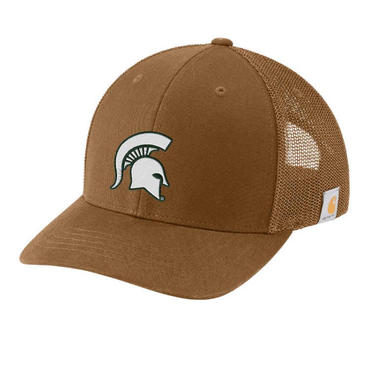Angled view of Carhartt brown Michigan State trucker hat with brown mesh back panels, embroidered white Spartan helmet logo on the front, and Carhartt brand label on the side.