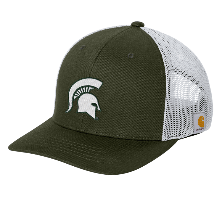 Angled view of moss green Carhartt Michigan State trucker hat with white mesh back panels, embroidered white Spartan helmet logo on the front, and Carhartt brand label on the side.