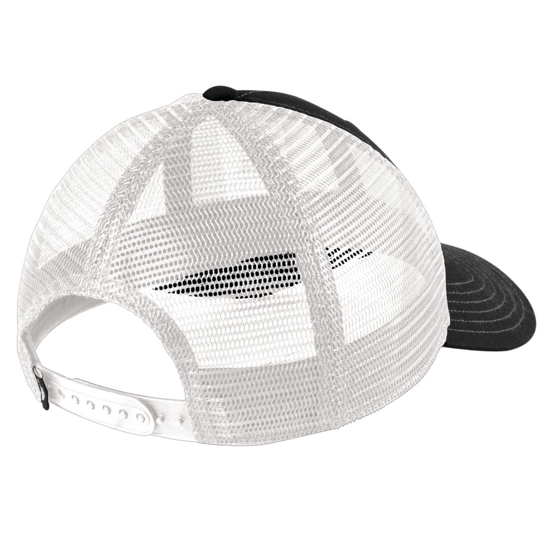 Back view of black The North Face Michigan State trucker hat showing white mesh back panels and adjustable plastic snapback closure.
