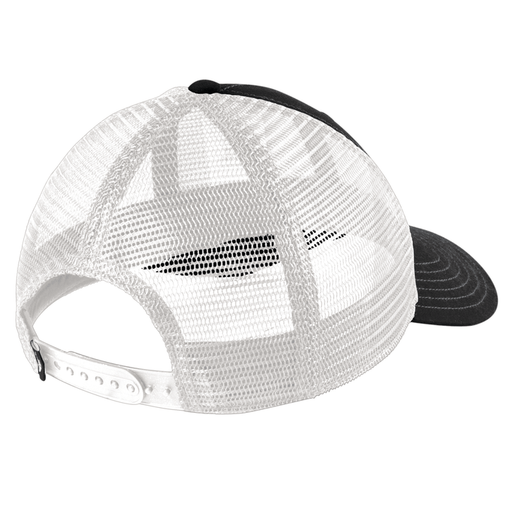 Back view of black The North Face Michigan State trucker hat showing white mesh back panels and adjustable plastic snapback closure.