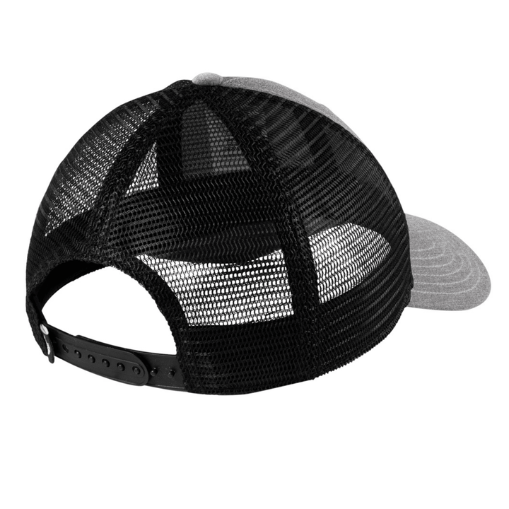Back view of heather grey The North Face Michigan State trucker hat showing black mesh back panels and adjustable plastic snapback closure.