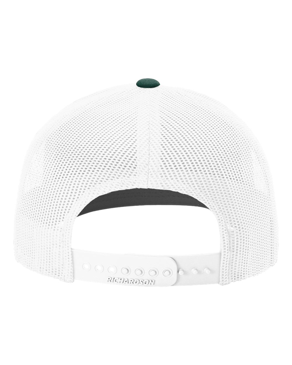 Back view of Michigan State SWFL Spartans Richardson 112 trucker hat showing white mesh, dark green crown, and adjustable snapback closure embossed with Richardson.