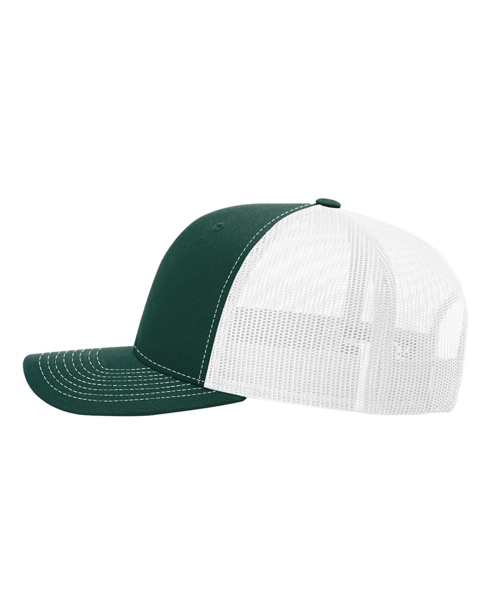 Side view of dark green Richardson 112 trucker hat with white mesh back panels, used as the base for the Michigan State SWFL Spartans alumni trucker hat.