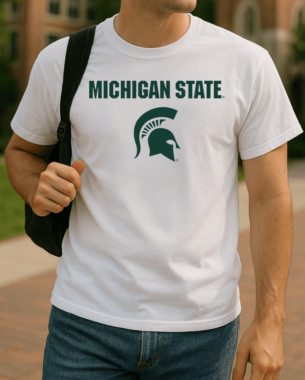 Michigan State University Apparel White Spartans T Shirt on Male College Student On Campus