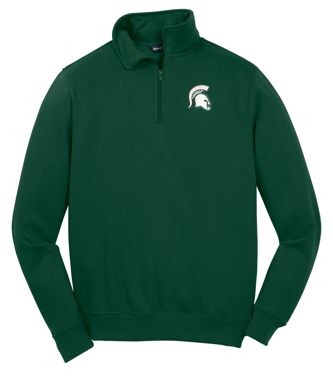 Green Michigan State quarter zip with white Spartan Helmet embroidered in white thread on the left chest on white background