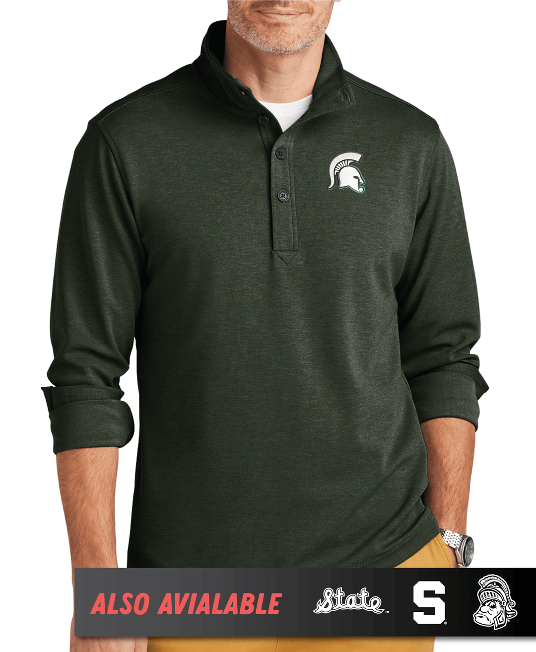 Green Michigan State quarter zip with white Spartan Helmet in white thread on the left chest with white background