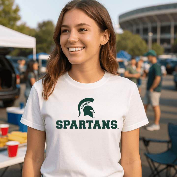 Michigan-State-University-Spartans-Student-Wearing-White-T-Shirt-at-Tailgate