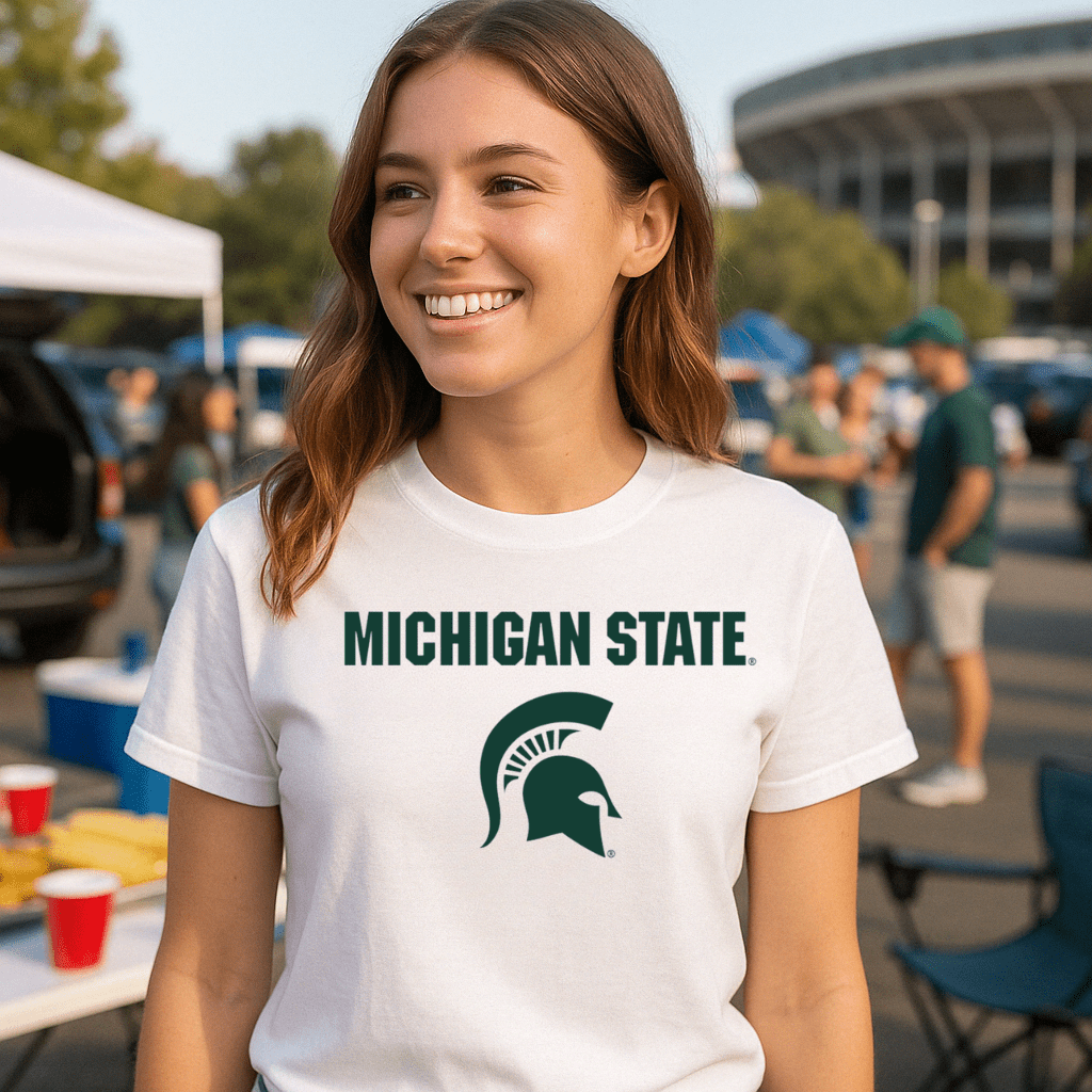Michigan State University Student Wearing White T-Shirt at Tailgate